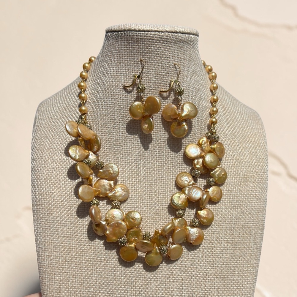 Golden Freshwater Pearl Statement Necklace & Earring Set